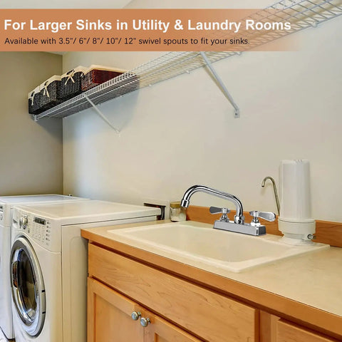 Leak-Free 6-Inch Swivel Bar Sink Faucet With Ceramic Valve Cartridge in laundry room with wooden cabinets and washer