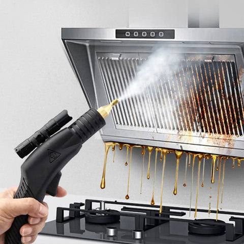 SdDpulse Professional Handheld Steam Cleaner delivering high temp steam to clean greasy kitchen hood filter.