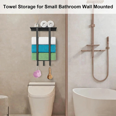 Compact Bathroom Towel Rack With Shelf And Three Hooks, Wall Mounted Towel Storage For Rolled Towels in modern bathroom