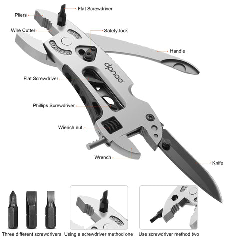 Five In One Portable Multitool Pliers Set With Cross Wrench, Screwdriver, Knife and Protective Cover showing labeled features