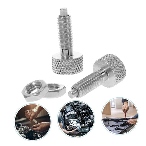 Rock Solid 2 Pack Stainless Steel Retractable Spring Plunger Pins With Knurled Grip And Dead Simple Locking Feature For Furniture And Diy Workshop Fixtures arranged with nuts, showcasing their sturdy design.