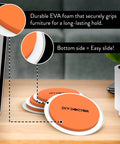 Set of 8 orange furniture sliders, large and small, with EVA foam for gripping, on a wooden table. Ideal for moving heavy furniture.