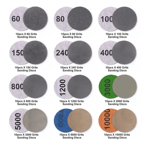 Heavy-Duty 123 Piece 2 Inch Sanding Discs Wet Dry Hook Loop Kit With Grits Ranging From 60 To 10000 showing various grit sanding discs.
