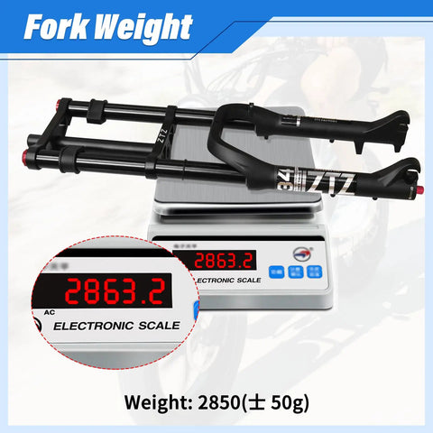 26 Inch Fat Tire Front Fork With Air Suspension For Mountain Bikes, 180mm Travel, on electronic scale showing 2863.2g.