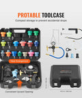 Heavy Duty 28 Piece Universal Radiator Pressure Tester Kit With No Sweat Manual Coolant Refill and Full Set of Color Coded Adapter Caps in toolcase.