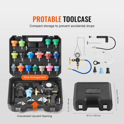 Heavy Duty 28 Piece Universal Radiator Pressure Tester Kit With No Sweat Manual Coolant Refill and Full Set of Color Coded Adapter Caps in toolcase.