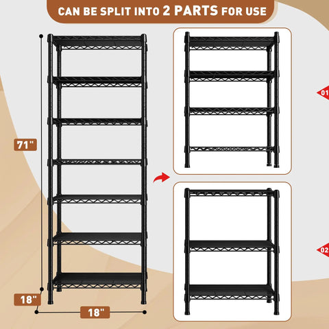 Heavy Duty 7 Tier Metal Shelving Unit Built to Last With 1176 Lbs Total Capacity 71 Inches Tall By 18 Inches Wide By 18 Inches Deep Sturdy Steel Wire Shelves For Garage Kitchen Living Room And Bathroom Storage split into two parts