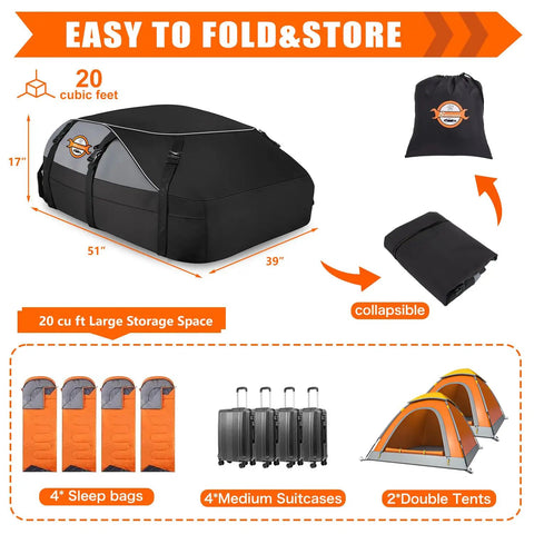 20 Cubic Feet Rooftop Cargo Bag With 51 Long By 39 Wide By 17 High Dimensions, shown folded and packed with accessories.