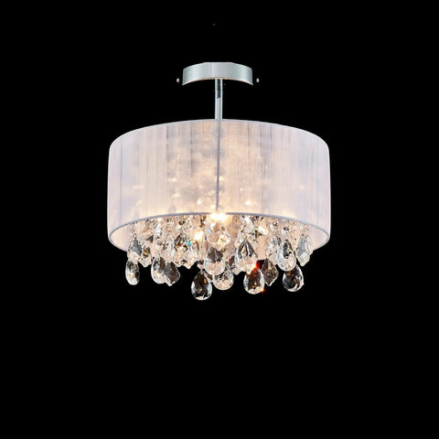 Dope Modern Crystal Chandelier Ceiling Light Fixture With White Fabric Shade And Chrome Finish, 13 Inch Diameter By 14 Inch Tall, E26 Socket, Living Room Lighting, Drum Style Ambient Lighting