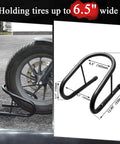 Removable Dirt Bike Wheel Chock With Mount Kit, Six And A Half Inch Wide, shown holding a motorcycle tire on pavement.