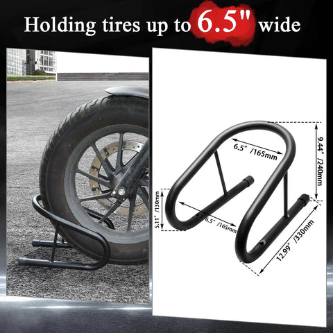 Removable Dirt Bike Wheel Chock With Mount Kit, Six And A Half Inch Wide, shown holding a motorcycle tire on pavement.