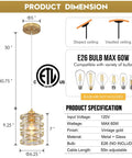 Gold Pendant Light Set Of 3 With Spiral Cage And Seeded Glass Shades For Kitchen Island Dining Room Bar And Sink Area 6.3 Inch Wide E26 Base Modern Farmhouse Vibe Home Lighting product dimensions and specifications