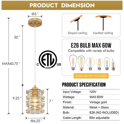 Gold Pendant Light Set Of 3 With Spiral Cage And Seeded Glass Shades For Kitchen Island Dining Room Bar And Sink Area 6.3 Inch Wide E26 Base Modern Farmhouse Vibe Home Lighting product dimensions and specifications