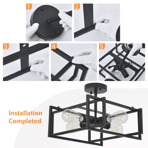 Black Farmhouse Semi Flush Mount Ceiling Light Fixture With Four Lights Rustic Industrial Metal Rectangle Ceiling Lamp installation guide