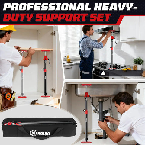 Heavy Duty Cabinet Jacks Third Hand Tool Set With Adjustable Support Poles From 23.6 Inches To 45.3 Inches 2 Pack For Cabinet Installations Drywall Crown Molding Range Hood And More in use for supporting kitchen cabinets and sink installation, with carrying case visible.
