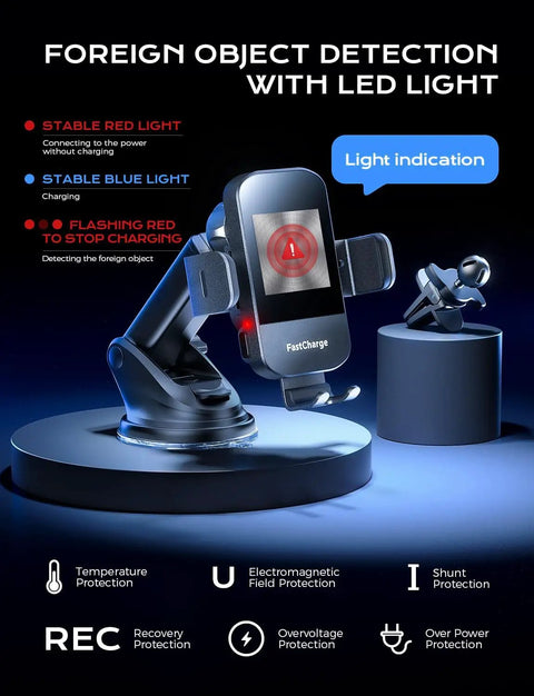 Fast Slick Wireless Car Charger With Auto Clamp And 15W Max Fast Charging Car Mount for iPhone and Samsung shown with LED light indication.