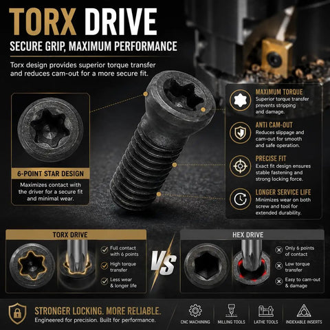 100 Pieces Carbide Insert Screws Set For CNC Lathe And Milling Tools Torx Screws M2 To M5, Grade 12.9 Alloy Steel, close-up of Torx drive design features.