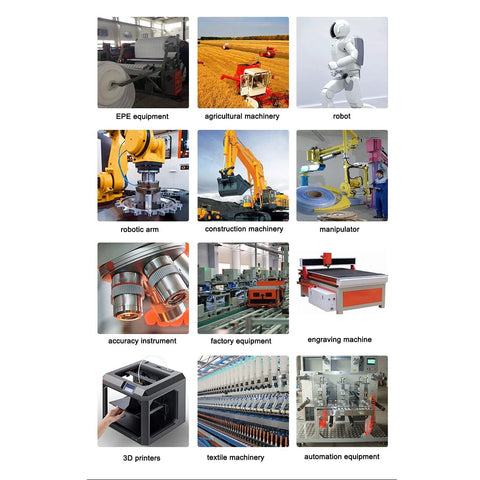 Grid of industrial equipment photos including robotic arms, construction machinery, 3D printers, and automation gear.