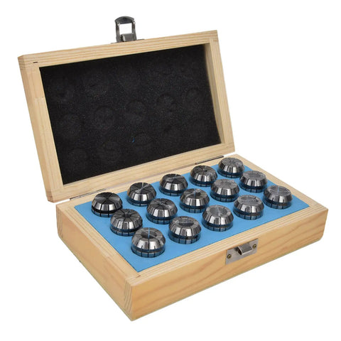 WALFRONT ER25 Spring Collet Set 15pc Carbon Steel Chuck Kit 2-16mm precision machined in wooden case for CNC milling use.