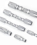 Hydraulic hose field repair kit with three silver reusable fittings and six small repair parts for 1/4, 3/8, and 1/2 in hoses