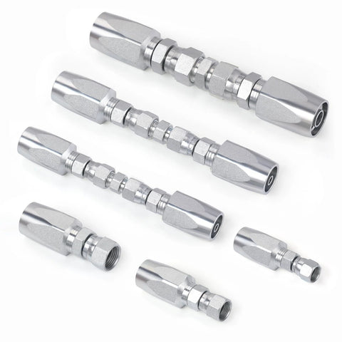 Hydraulic hose field repair kit with three silver reusable fittings and six small repair parts for 1/4, 3/8, and 1/2 in hoses