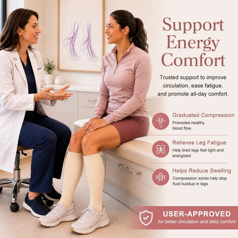 Woman wearing 4 Pairs Compression Socks For Women And Men With 15-20 mmHg Graduated Compression For Circulation in doctor's office