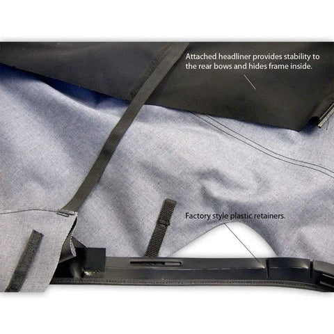 Close-up of Ford Mustang Convertible Top Replacement For 2005 To 2014 With Sailcloth Vinyl Soft Top Heated Glass Window Black OEM Upgrade