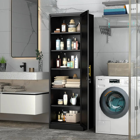 Open Tall Narrow Metal Storage Cabinet With Lock For Home Office School Garage Or Gym 5 Adjustable Shelves displayed in laundry room
