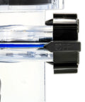 Close-up of Dual Flush Pro RV Holding Tank Rinser gate valve system and reverse flush valve, showing black and clear design components.