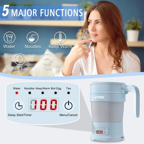 Travel Electric Kettle 700ML Foldable BPA Free Portable Kettle With multifunction panel and keep warm function, blue color