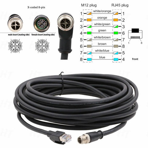 X-Coded M12 8-Pin to RJ45 Ethernet Cable for Cognex Basler In-Sight Vision Sensors and Basler Vision Cameras, cable with pin diagram