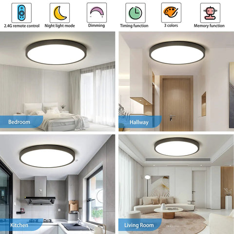 Sleek 3 Color Dimmable Flush Mount LED Ceiling Light With Remote 12 Inch 24W Black Ceiling Fixture in bedroom, hallway, kitchen, living room.