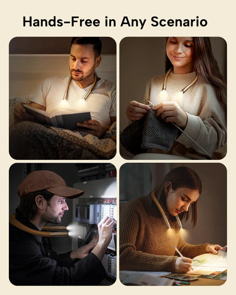 Collage showing Dual LED Neck Reading Light with two heads used for reading, knitting, craftwork, and camping in Gold Rose color