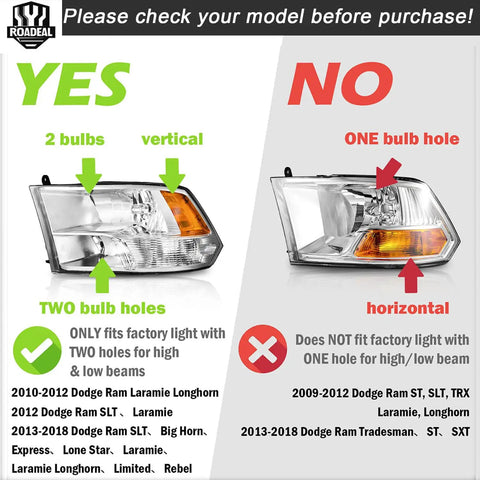 Comparison of Dodge Ram Quad Hole Halogen Headlights vs single bulb headlights, fitment guide for Ram 1500 2009-2018, Ram 2500 2010-2018.