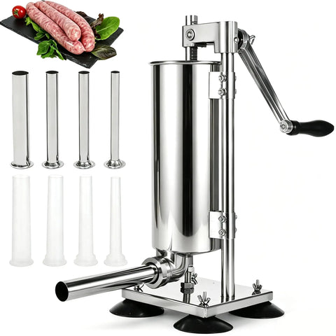 Manual Sausage Stuffer Press Vertical 304 Stainless Steel Sausage Maker 3L Capacity About 6 Lb Includes 8 Tubes In 6 Sizes