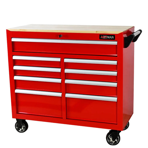 9 Drawer Rolling Tool Cart With Wooden Top Ball Bearing Slides Heavy Duty Metal Cabinet On Wheels And Handle