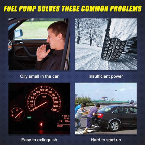 Infographic showing fuel pump solving problems: oily car smell, insufficient power, dashboard warning lights, and hard startup in winter.