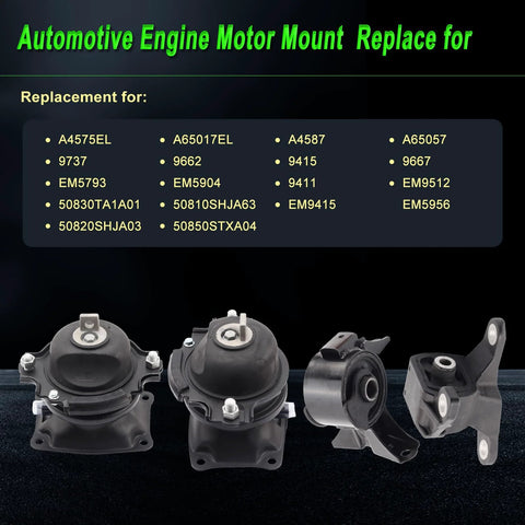 Engine Motor Mount Set For 2011 Through 2016 Odyssey 3.5L Touring Elite Replacement, set of four mount components displayed