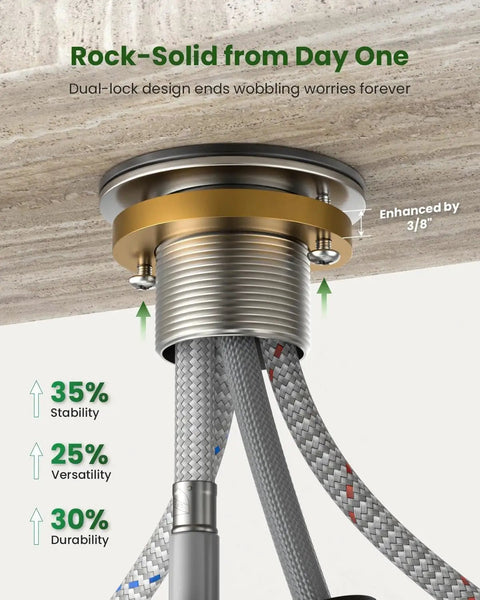 Bottom view of Pull Down Kitchen Faucet with Sprayer installation detail, showing lead-free, brushed nickel finish with hoses.