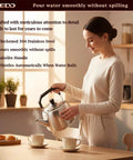 Woman using Stainless Steel Whistling Tea Kettle For Gas And Induction Stovetops, 304 Food Grade, Large 4L Capacity