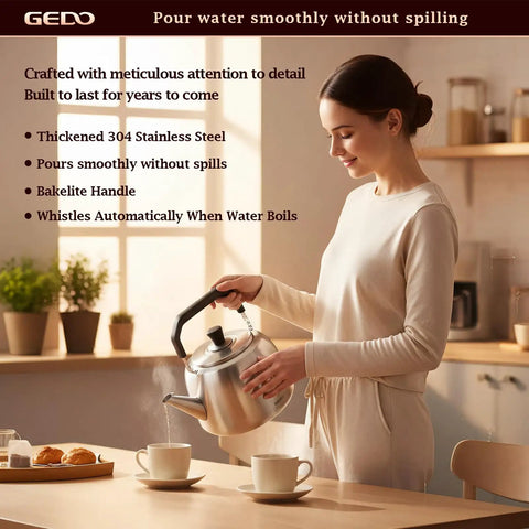 Woman using Stainless Steel Whistling Tea Kettle For Gas And Induction Stovetops, 304 Food Grade, Large 4L Capacity