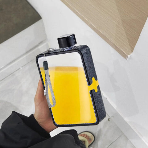 Flat Square Water Bottle For On The Go Hydration, Leak Proof And Drop Proof, black AS and PP material, held in hand.