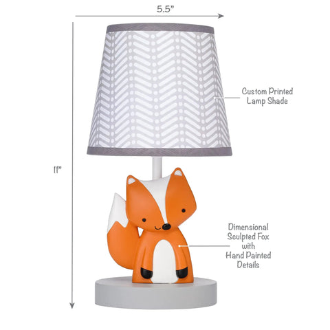 Fox Themed Kid Friendly Table Lamp With Shade And Bulb For Kids Room, 11 Inch Height, Soft Cozy Glow With Adorable Orange Fox, Gray Chevron Pattern Lampshade, Energy Efficient 5W Bulb Included, Perfect Nursery Or Playroom Accent.