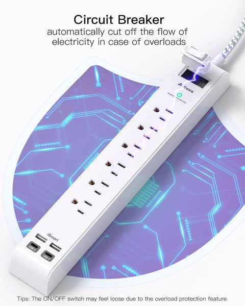 Two Pack Six Outlet Surge Protector Power Strip With Four USB Ports Including Two USB C Ports, Wall Mountable, ETL Listed