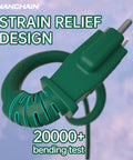 Close-up of green 3-prong plug with strain relief design, part of Green 50 Ft Outdoor Extension Cord Waterproof 16 AWG SJTW.