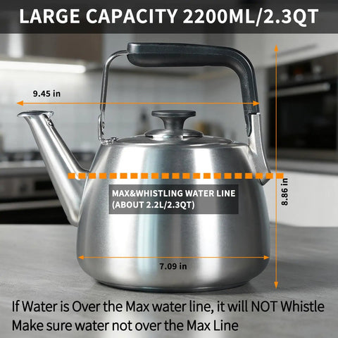 Whistling Stovetop Tea Kettle With Big Capacity And Fast Heat Technology Built With Thick Durable Body For All Cooktops Induction Compatible Professional Teapot For Quick Boil And Easy Pour, 2.3 qt capacity