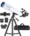 Beginner Friendly 80mm Refractor Telescope for Adults With 800mm Focal Length High Power Stargazing Kit Including AZ Mount Carry Bag and Phone Mount for Clear Bright Night Sky Views on tripod with accessories.