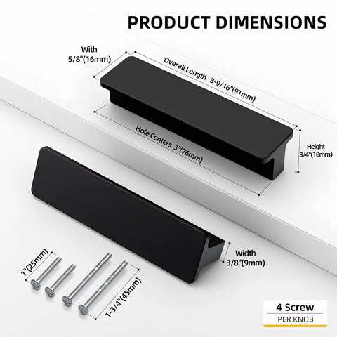 Dimensions and screws of 10 Pack 3 Inch Matte Black Kitchen Cabinet Handles And Drawer Pulls For Cabinets And Furniture Modern Finger Edge Pulls For Kitchen Bathroom Dresser And Wardrobe Durable Cabinet Hardware Screws Included For Easy Installation.