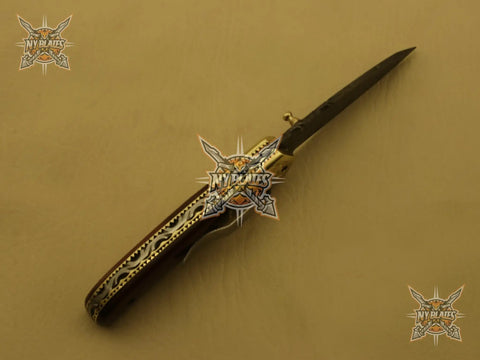 Damascus Steel Folding Knife with Rosewood Handle and Floral Brass Bolster, 4.5 Inch Overall Drop Point Blade, Leather Sheath Included