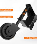Spring Loaded Gate Wheel With 360 Degree Universal Mount For Wooden, Metal, And Fence Gates, Heavy Duty Gate Caster, Black